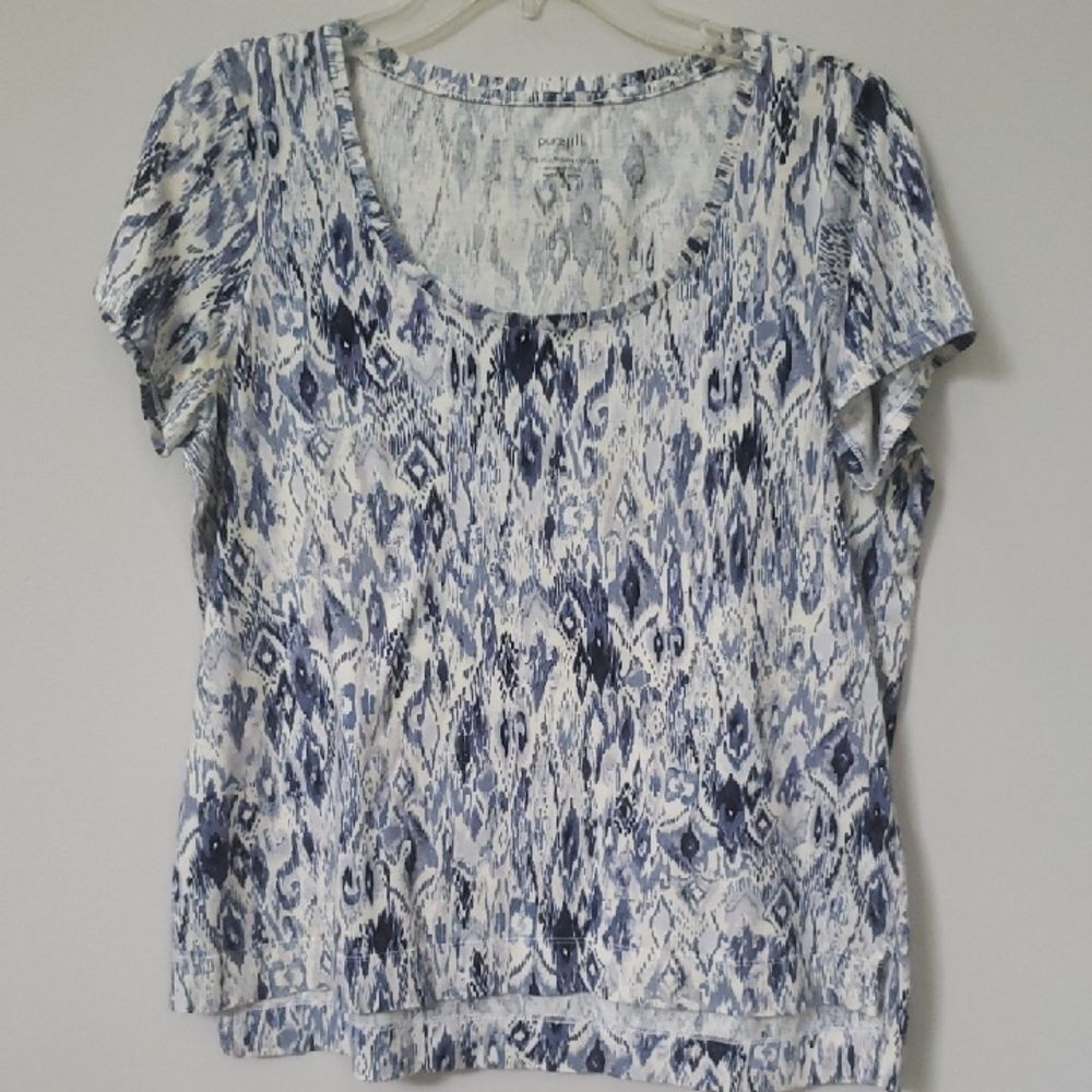 Purejill Top Women's S High Low Tee Ikat Blue Cream Gray White Scoop Neck Tunic